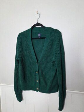 GAP 100% Cotton Solid Green Knit Cardigan Sweater
